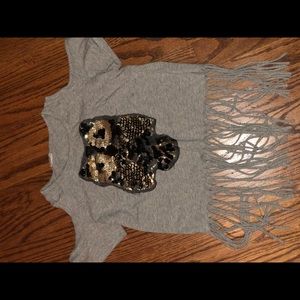 Trendy cold shoulder owl sequin top w fringe